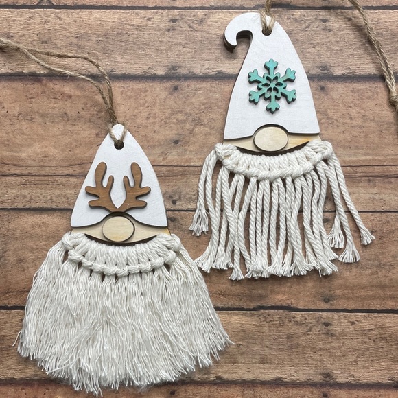 Set of four Macrame Gnome wood Ornaments - Picture 2 of 13